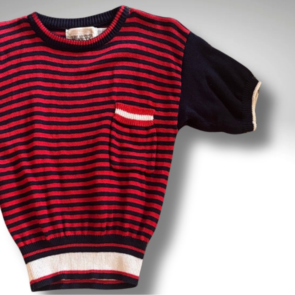 VTG Red Navy Striped Short Sleeve Cotton Ramie Nautical Knit Sweater Tee